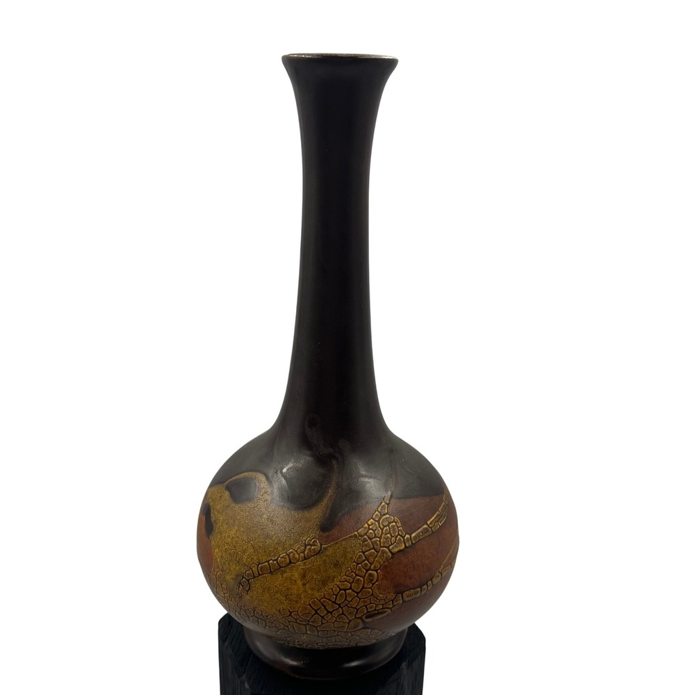 Vtg Haeger Pottery 10" Tall Skinny Bud‎ Vase Earth Wrap Texture Brown Lava Glaze